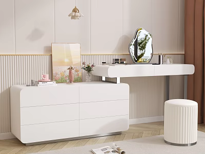 Modern White Dressing Table With Mirror Flower Vase Artwork Drawers And Pouf Stool 3d model