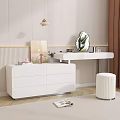 Modern White Dressing Table With Mirror Flower Vase Artwork Drawers And Pouf Stool