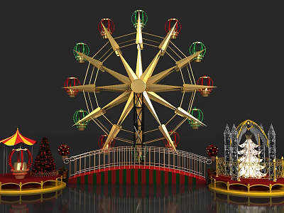 Decorative Ornament Set With Golden Ferris Wheel Red Green Carousel Pavilion Bridge And Decorated Christmas Tree 3d model