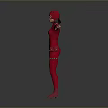Red Catsuit Costume With Cat Ear Headpiece And Arms Outstretched Standing Pose
