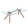 Modern Glass Top Dining Table With Red Crossed Legs And Minimalist Design