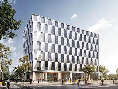 Modern Geometric Office Building Exterior Design With Glass Windows And Surrounding Trees Pedestrians Under Sunny Sky 3d model