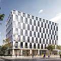 Modern Geometric Office Building Exterior Design With Glass Windows And Surrounding Trees Pedestrians Under Sunny Sky