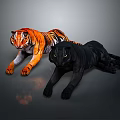 Realistic Orange Tiger and Black Panther Lying Side by Side on Gray Background 3d model