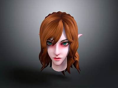 Elf Ears Green Eyes and Curly Brown Hair on 3D Head Model with Pink Skin 3d model
