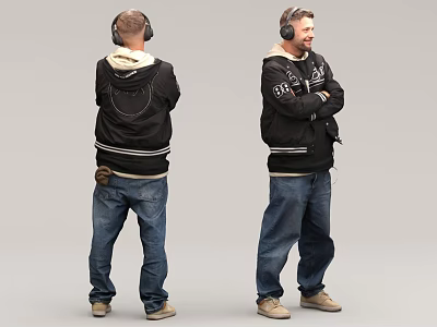 Man In Black Hooded Jacket With Headphones Standing In Blue Jeans Pose 3d model