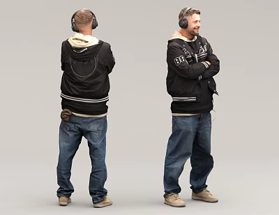Man In Black Hooded Jacket With Headphones Standing In Blue Jeans Pose 3d model