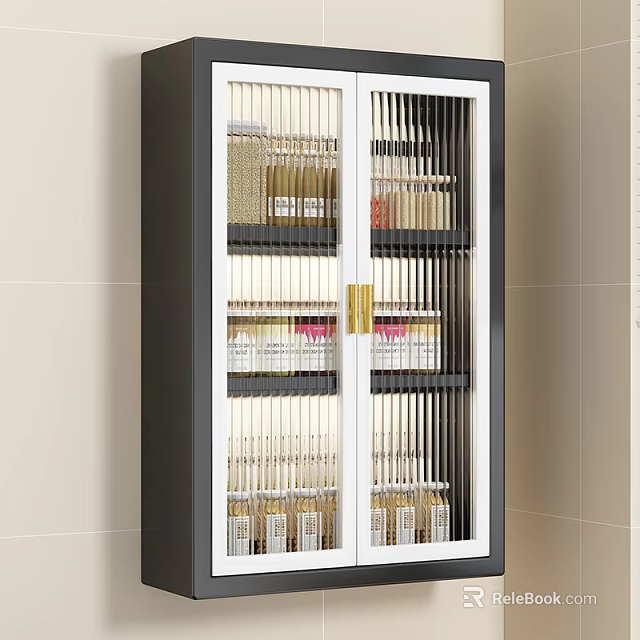 Kitchen Storage Cabinet With Glass Door And Layered Spice Bottles Jars Black White Golden Handles 3d model 