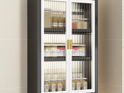 Kitchen Storage Cabinet With Glass Door And Layered Spice Bottles Jars Black White Golden Handles 3d model
