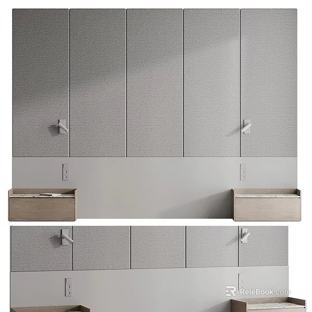 Modern Bed Background Wall Design With Gray Textured Panels And Wooden Storage Drawers 3d model 