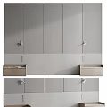 Modern Bed Background Wall Design With Gray Textured Panels And Wooden Storage Drawers