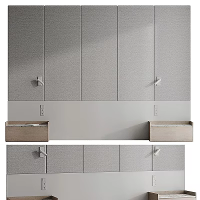 Modern Bed Background Wall Design With Gray Textured Panels And Wooden Storage Drawers 3d model