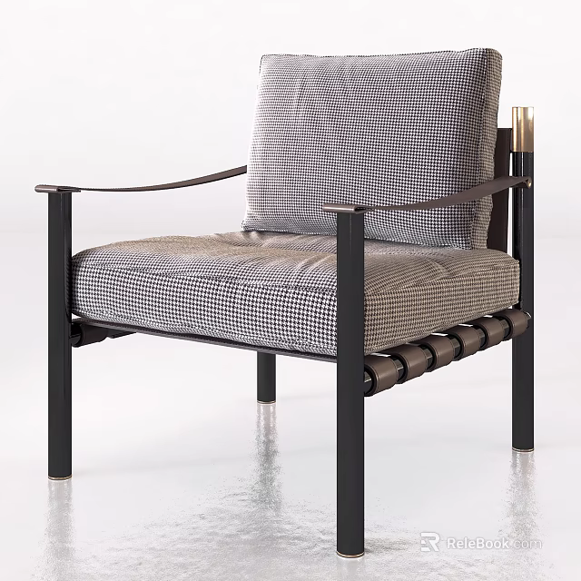 Modern Leisure Chair With Checkered Fabric Upholstery Metal Frame And Curved Armrests 3d model 