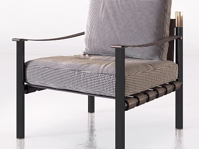 Modern Leisure Chair With Checkered Fabric Upholstery Metal Frame And Curved Armrests 3d model