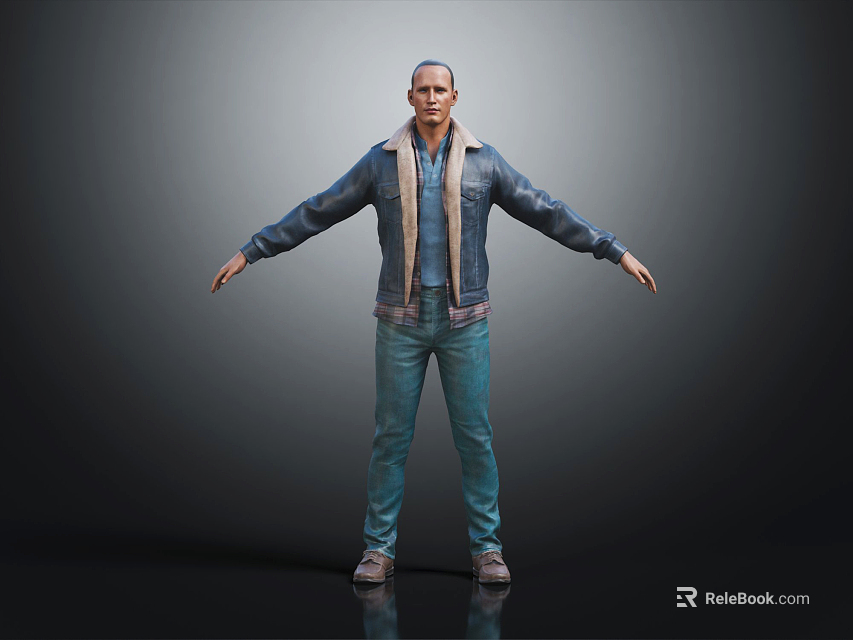 Man in Blue Denim Jacket with Light Lining and Blue Jeans Arms Outstretched Gray Background 3d model 