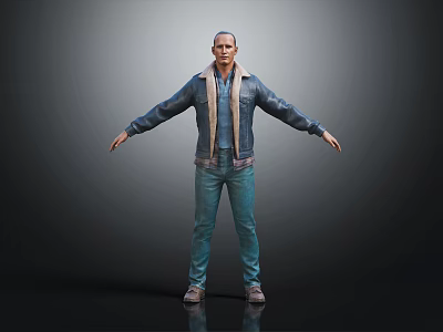 Man in Blue Denim Jacket with Light Lining and Blue Jeans Arms Outstretched Gray Background 3d model