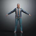 Man in Blue Denim Jacket with Light Lining and Blue Jeans Arms Outstretched Gray Background