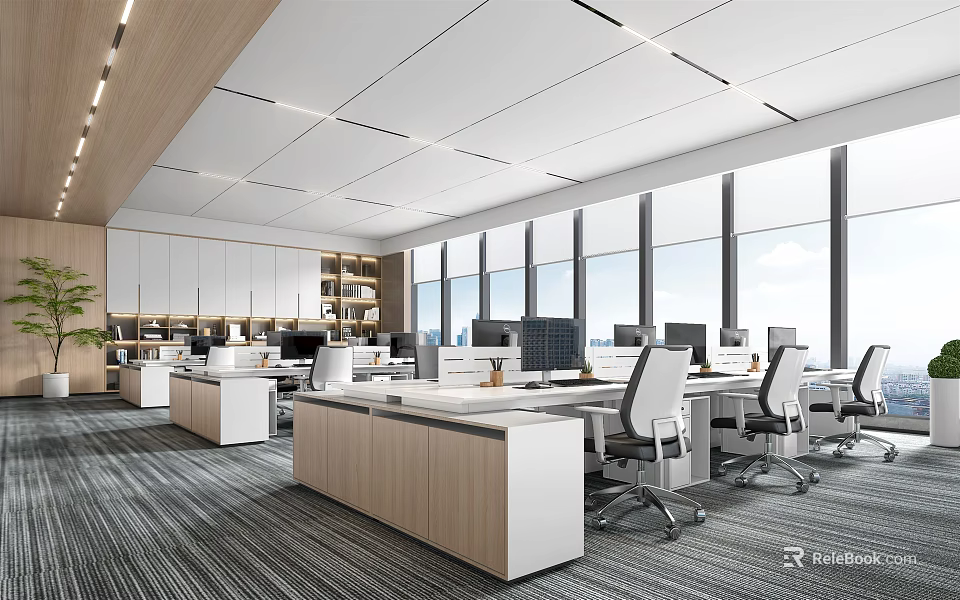 Public Office Space Featuring Modern Open Layout Large Windows Ergonomic Chairs And Computer Workstations 3d model 
