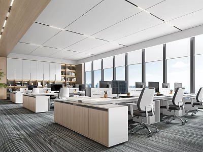 Public Office Space Featuring Modern Open Layout Large Windows Ergonomic Chairs And Computer Workstations 3d model