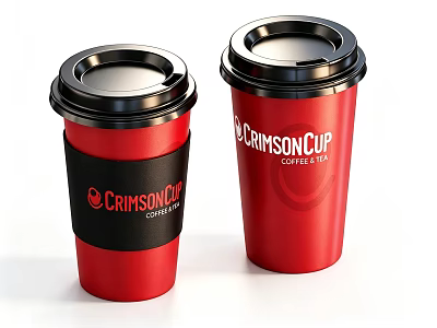 Crimson Cup Coffee And Tea In Red Disposable Cups With Black Sleeves 3d model