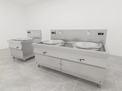 Commercial Stainless Steel Kitchen Appliances With Cooking Ranges And Control Panels 3d model