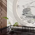 Chinese Style Console Table with Brown Wooden Screens Circular Decorative Painting and Green Plant Vase