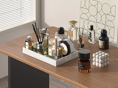 Elegant Perfume And Cosmetics Display With Marble Tray Candles Reed Diffusers On Wooden Table 3d model