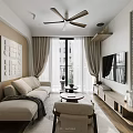 Modern Living and Dining Room Open Layout With White Sofa Coffee Table TV Cabinet And Ceiling Fan