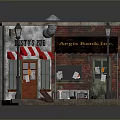 Vintage Pub And Bank Storefront With Red Door Striped Awning Street Lamps And Vending Machine