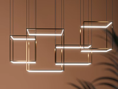 Modern Geometric Chandeliers With Metal Frames And LED Light Strips In Warm Beige Interior 3d model