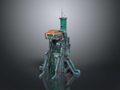 Game Movie Sci-Fi Mechanical Tower Character Featuring Green Orange Support Legs And Antenna 3d model