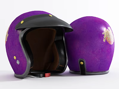 Vintage Purple Helmets With Open Face Brown Interior And Gold Logo Design Style 3d model