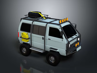 Light Gray Off-Road Van With Roof Rack Black Cargo Yellow Lights And Off-Road Tires 3d model