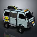 Light Gray Off-Road Van With Roof Rack Black Cargo Yellow Lights And Off-Road Tires