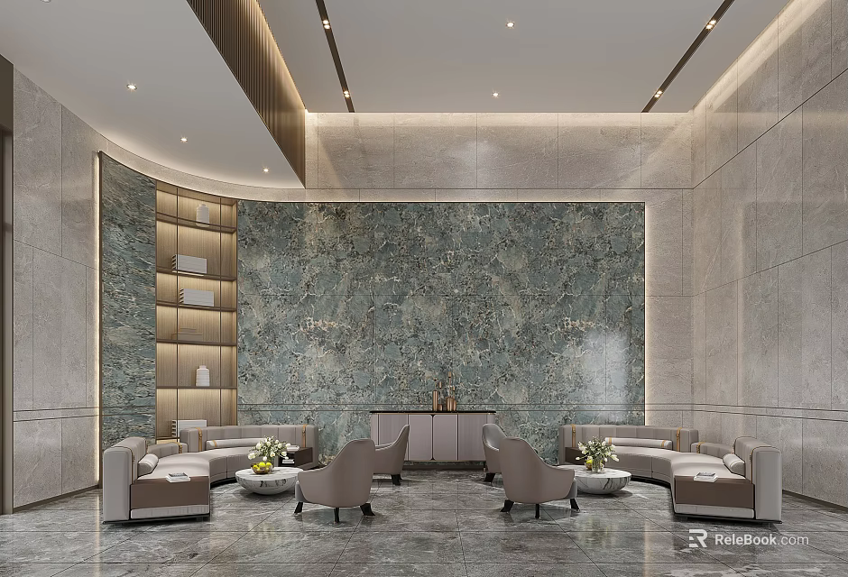 Modern Property Sales Office Spacious Lobby Interior With Marble Wall Sofa Seating And Reception Desk 3d model 