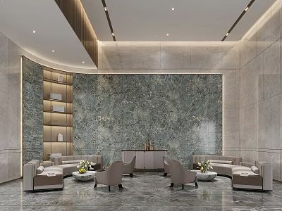 Modern Property Sales Office Spacious Lobby Interior With Marble Wall Sofa Seating And Reception Desk 3d model