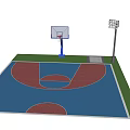 Park Landscape Featuring Outdoor Basketball Court With Blue Red Surface And Hoop