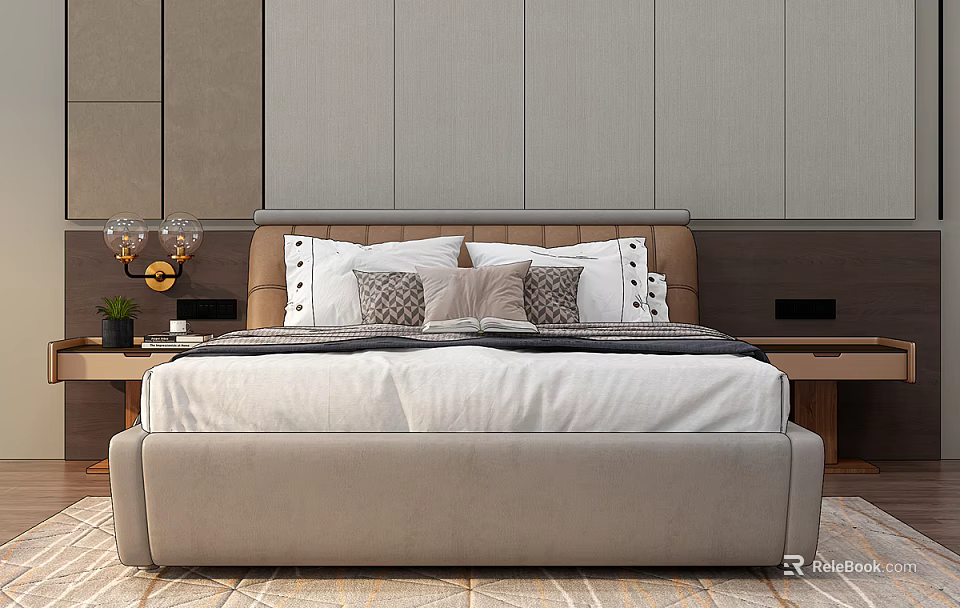 Modern Background Double Bed Interior Design With Upholstered Headboard Nightstands And Decorative Pillows 3d model 