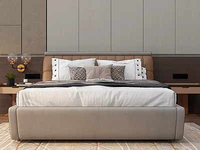 Modern Background Double Bed Interior Design With Upholstered Headboard Nightstands And Decorative Pillows 3d model
