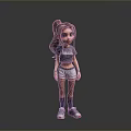 Cartoon Girl 3D Character With Brown Ponytail Gray Crop Top White Shorts And Sneakers