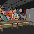 Modern Japanese Restaurant Interior With Wooden Tables Seats And Colorful Mural