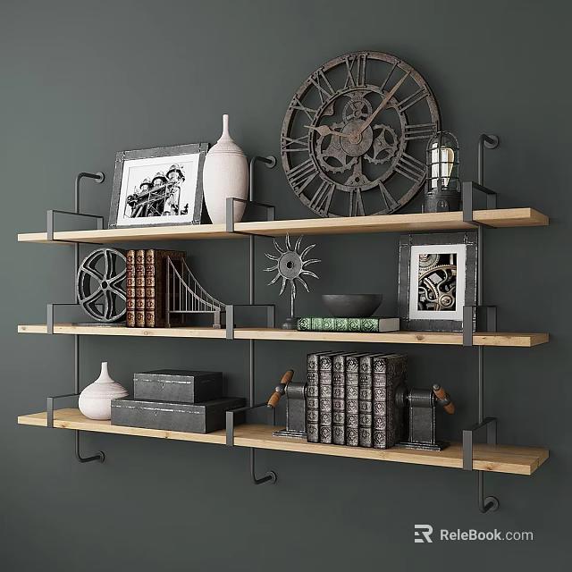 Decorative Ornament Set on Wooden Shelves Gray Wall Photo Frames Vase Gear Clock Vintage Decor 3d model 