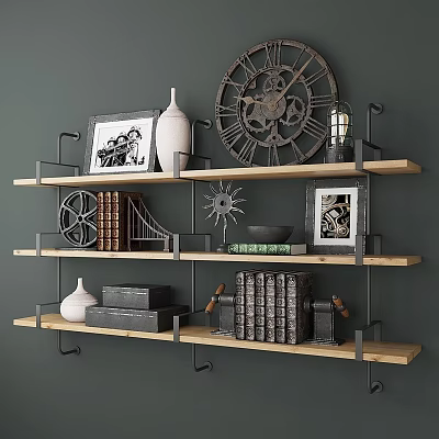 Decorative Ornament Set on Wooden Shelves Gray Wall Photo Frames Vase Gear Clock Vintage Decor 3d model