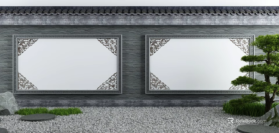 Traditional Chinese Gray Building Exterior Wall Featuring Ornate Carved White Panels Gravel And Grass 3d model 