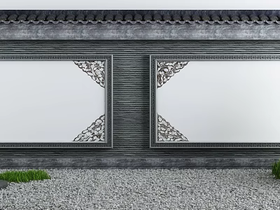 Traditional Chinese Gray Building Exterior Wall Featuring Ornate Carved White Panels Gravel And Grass 3d model