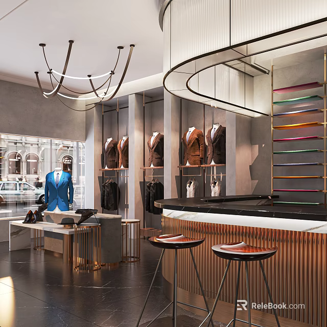 Modern Fashion Clothing Store Interior With Suits On Racks Bar Counter And Chandeliers 3d model 