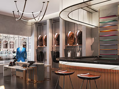 Modern Fashion Clothing Store Interior With Suits On Racks Bar Counter And Chandeliers 3d model