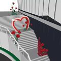 Heart Shaped Love Decoration With Red Roses On White Stairs And Modern Wall