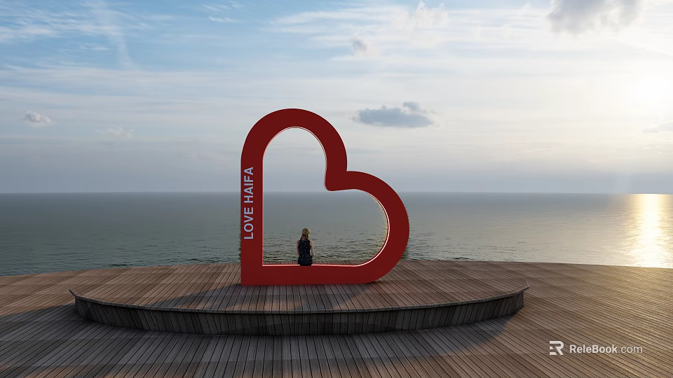 Red Heart Shaped Garden Ornament With LOVE LAND Text Overlooking Sea View On Wooden Platform 3d model 