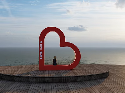 Red Heart Shaped Garden Ornament With LOVE LAND Text Overlooking Sea View On Wooden Platform 3d model